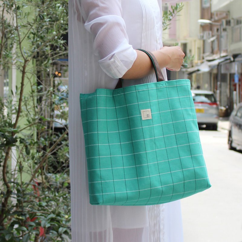2x2BAG double-sided cloth bag | blue and green plaid fabric + dark brown canvas - กระเป๋าแมสเซนเจอร์ - ผ้าฝ้าย/ผ้าลินิน สีน้ำเงิน
