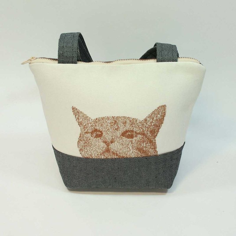 Embroidery small cat tote bag 05- - Handbags & Totes - Cotton & Hemp Black