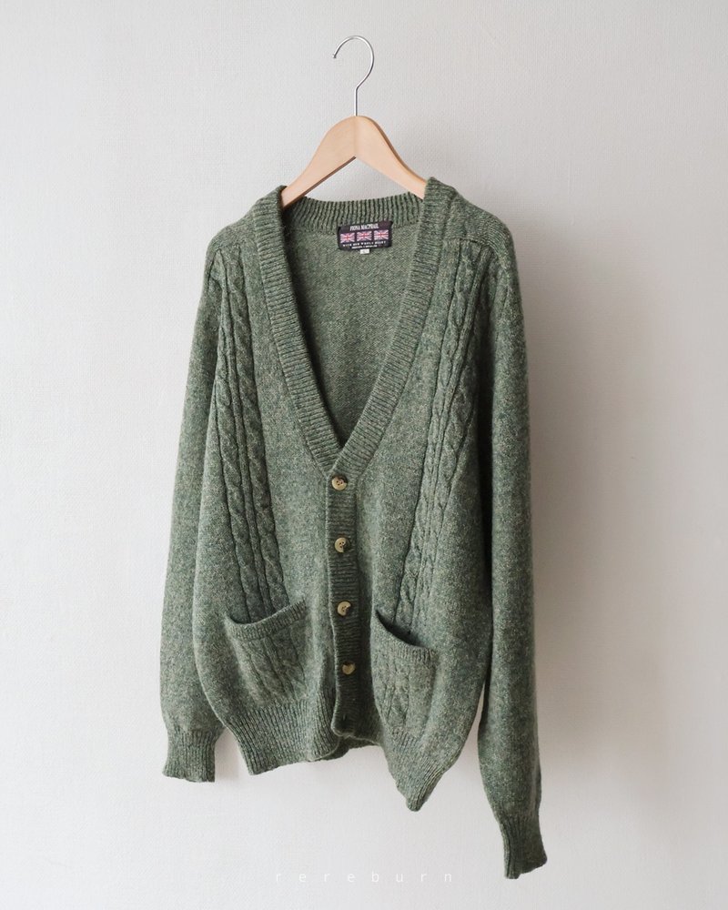 Winter retro neutral Japanese geometric knitted loose thin wool green vintage sweater jacket - Women's Sweaters - Wool Green