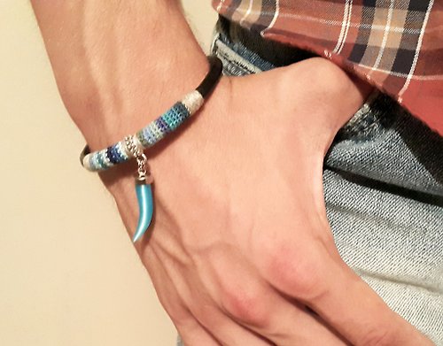 vanessahandmade Leather and Crochet Bracelet For Men Blue Horn Charm, Gift For Man