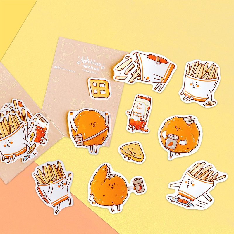 Calorie Friends-French Fries Chicken Nuggets / Shaped Waterproof Sticker - สติกเกอร์ - กระดาษ สีส้ม