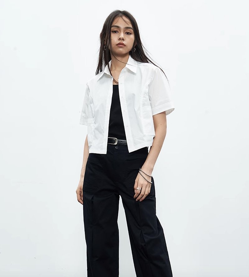 EXTERNALIZE Breathable and crisp semi-elastic boxy short-sleeved shirt - Women's Tops - Cotton & Hemp White