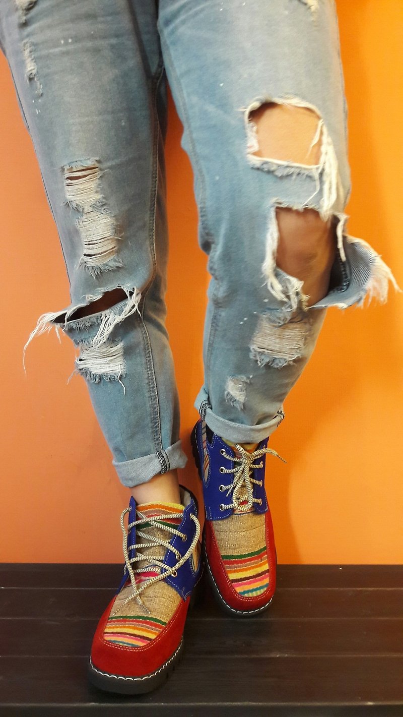 祕魯風格短靴-紅彩寶藍 - 其他 - 真皮 多色