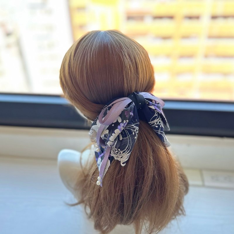 棉布蝴蝶結蕾絲鯊魚夾抓夾相交夾髮夾髮飾頭飾-夜晚的紫黑色 - 髮夾/髮圈 - 其他材質 紫色