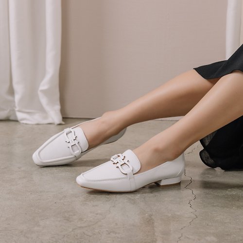 NO216 皮質雙釦裝飾-軟皮穆勒鞋-白色