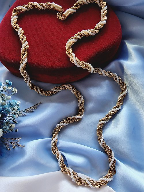 Hale黑爾典藏西洋古董 美國西洋古董飾品 / 金繩麻花珍珠螺旋項鍊/復古珠寶首飾
