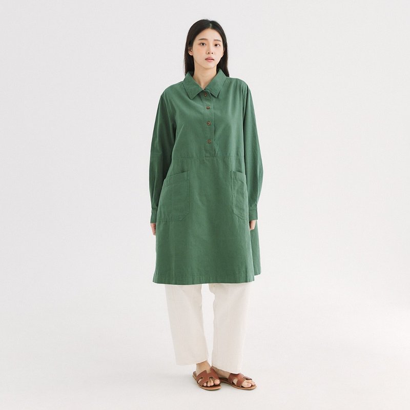 【Simply Yours】Double Pocket Half Cardigan Dress Green F - One Piece Dresses - Cotton & Hemp Green