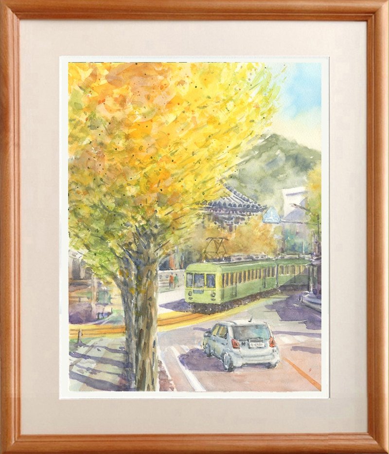 Original watercolor painting Enoden running in autumn - โปสเตอร์ - กระดาษ สีเหลือง