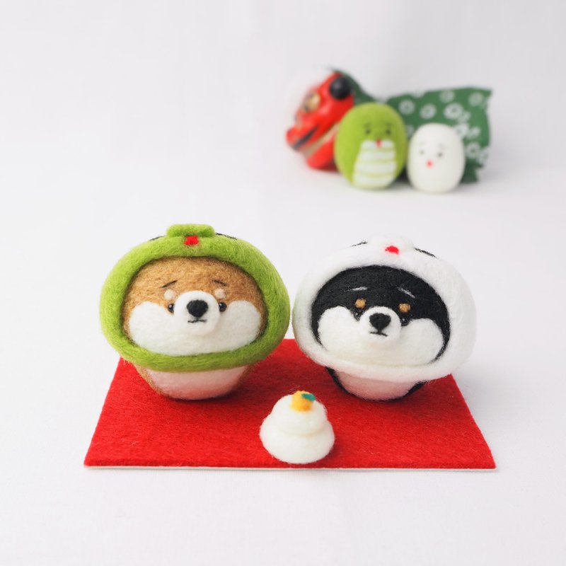 2025 Set of 2 Shiba Inu and Pug became Snake  New Year Decorations - Items for Display - Wool Green