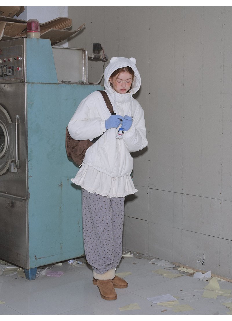 odd maker趣味小熊耳朵連帽外套女冬季寬松日系休閒外套 - 女大衣/外套 - 羽絨 