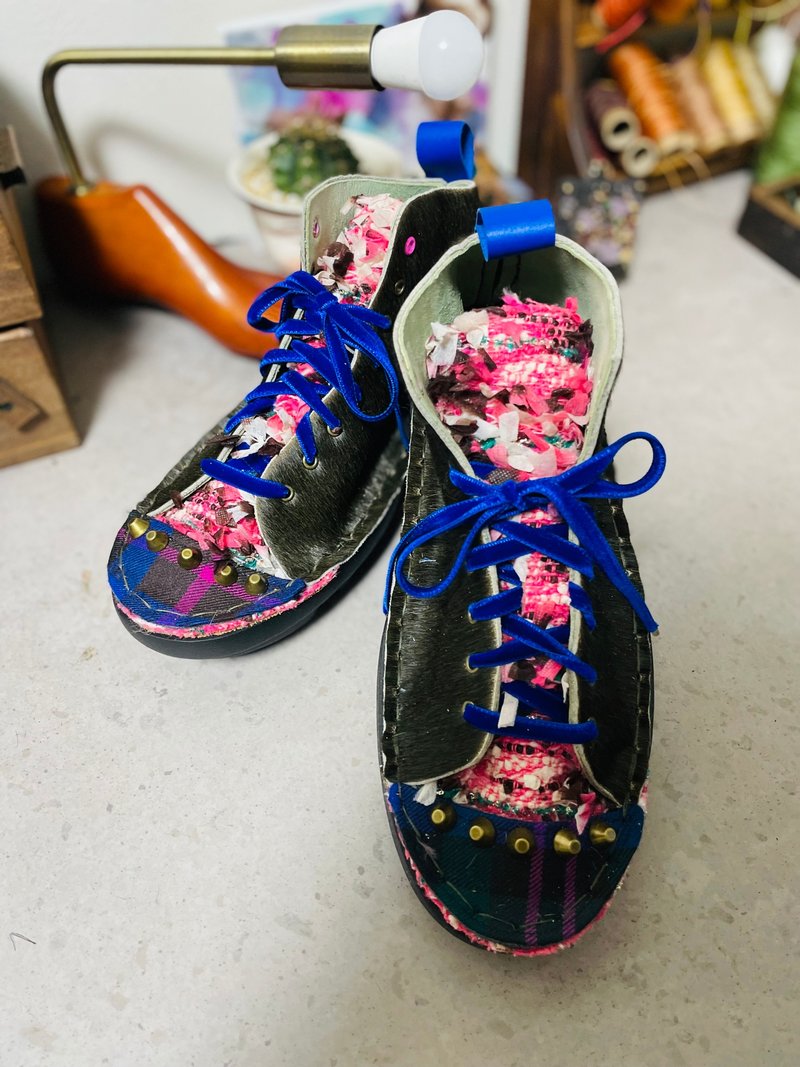 Japan Made 尾州産　ピンクツイード×ビンテージチェック　ハイカットスニーカー - 女運動鞋/球鞋 - 真皮 粉紅色