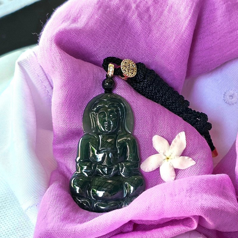 Green Jade Guanyin Pendant, Carved with Natural Jade Guanyin, Type A, Carved on Both Sides - 項鍊 - 玉石 綠色
