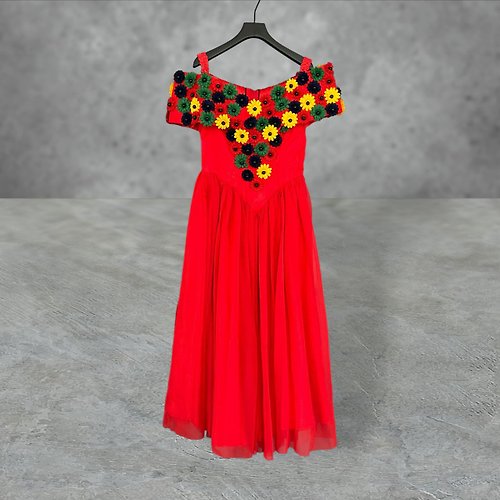 蘿綺莉蕾芭索 紅色 手工訂製 拼接 不織布花朵 翻領 禮服 洋裝 PMF19