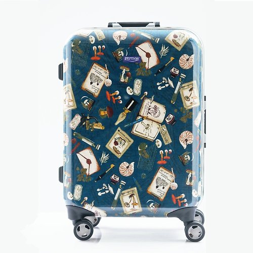 MHSHOP生活居家 手本筆記藍色系-手工印紋時尚鋁框20吋行李箱/旅行箱