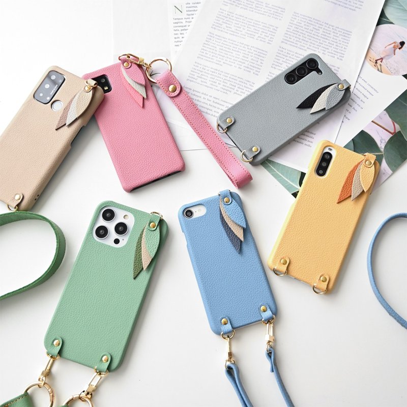 Compatible with many models [Marutto Leaf] Shrink leather smartphone shoulder smartphone strap leather genuine leather BS39K - Phone Cases - Genuine Leather Green