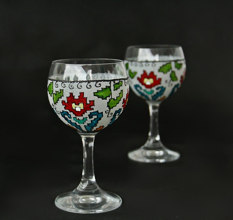 Wine Sake Glasses Authentic Balkans Folk Art Hand Painted Set of 2 - แก้วไวน์ - แก้ว หลากหลายสี