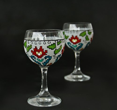 NeA Glass Wine Sake Glasses Authentic Balkans Folk Art Hand Painted Set of 2