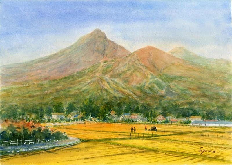 Original watercolor painting Mt. Bandai in autumn - Posters - Paper Orange