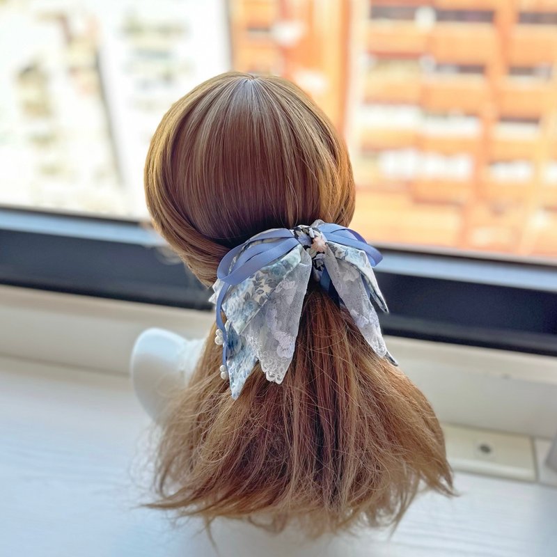 棉布蝴蝶結蕾絲鯊魚夾抓夾相交夾髮夾髮飾頭飾-灰藍小花 - 髮夾/髮圈 - 其他材質 藍色