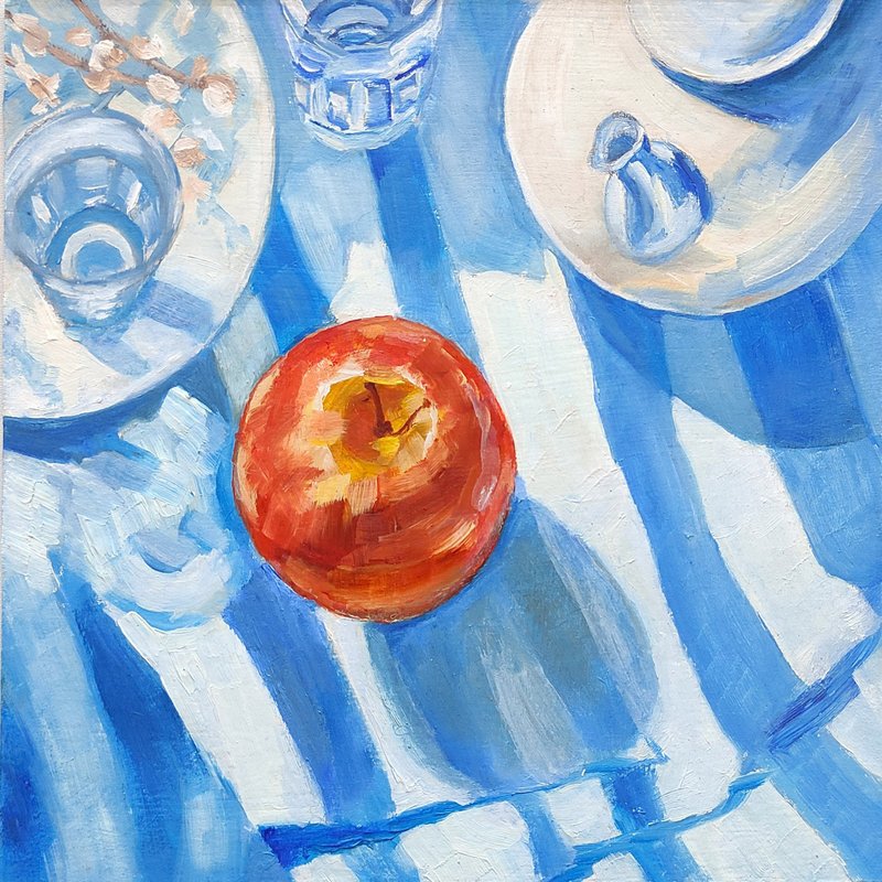 Red Apple Original Oil Painting Kitchen Still Life Fruit Art 手工油畫 油畫原作 - 海報/掛畫/掛布 - 其他材質 多色