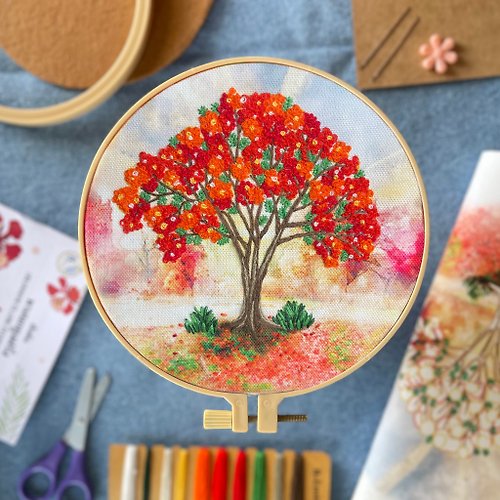 B.Embroidery DIY embroidery kit: The blossom flamboyant tree on the painted background fabric