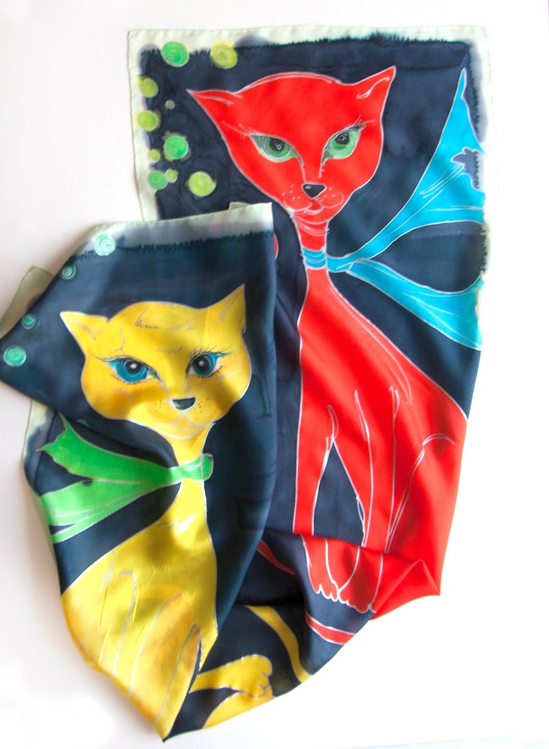 Crepe de Chine scarf-Red cat Yellow Cat/ Hand painted scarf/ Unique handmade scarf - 絲巾 - 絲．絹 