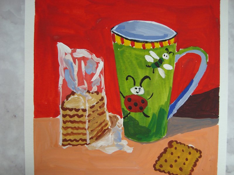 Gouache painting Mug of tea with cookie still life, Original Art - Wall Décor - Paper Red