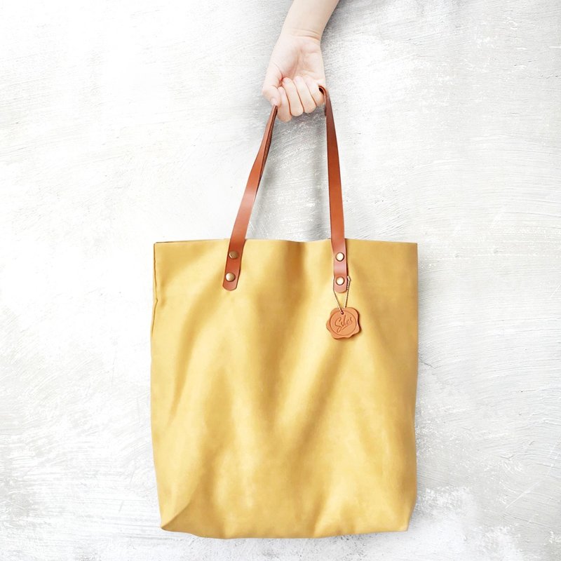 High-quality imitation suede shoulder tote bag_mustard yellow - กระเป๋าถือ - หนังแท้ สีเหลือง