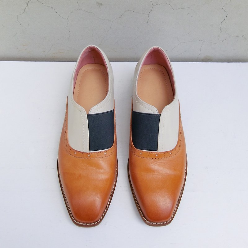 小方頭雙色真皮紳士鞋 ||金斯曼的夢想  焦糖棕|| 8244 - 女牛津鞋/樂福鞋 - 真皮 咖啡色
