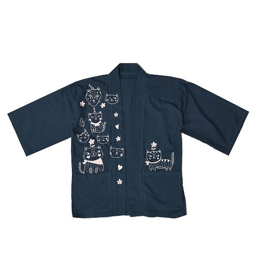 gailstudio Cotton coat, navy blue, designed with cat, flower lover pattern, hand-embroidered