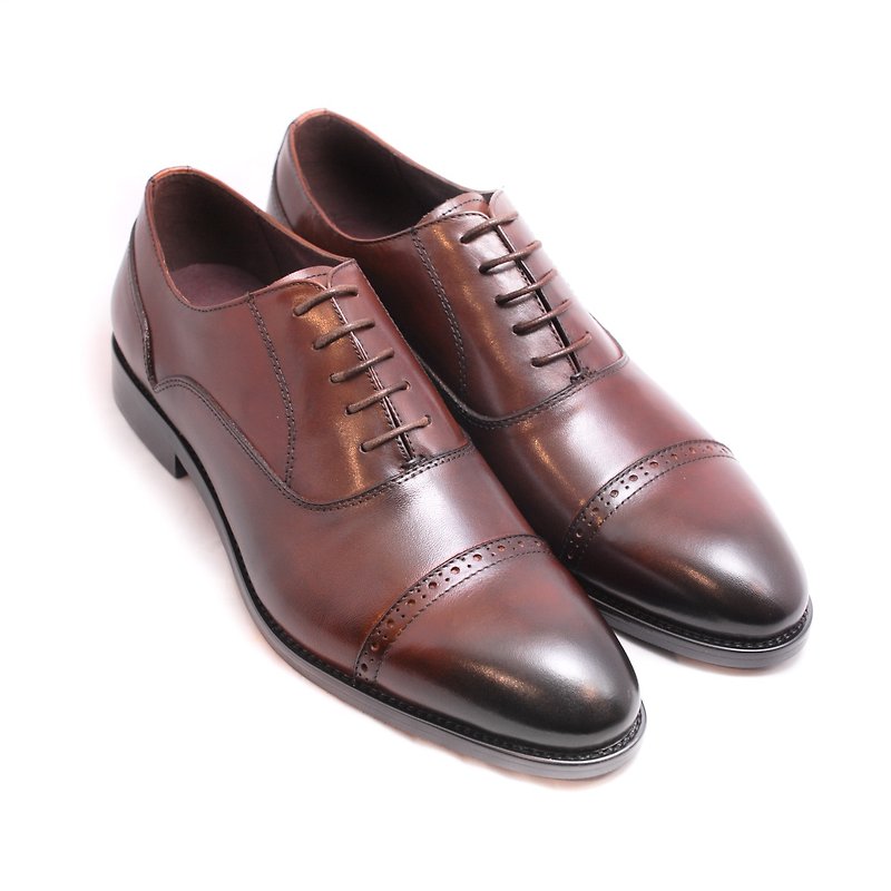 Hand-painted calfskin carved cape wood heel oxford shoes-brown-E1A29-89 - รองเท้าอ็อกฟอร์ดผู้ชาย - หนังแท้ สีนำ้ตาล
