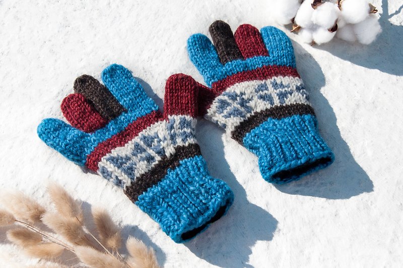 手織羊毛針織手套/針織純羊毛保暖手套/全趾手套-藍色北歐費爾島 - 手套/手襪 - 羊毛 多色