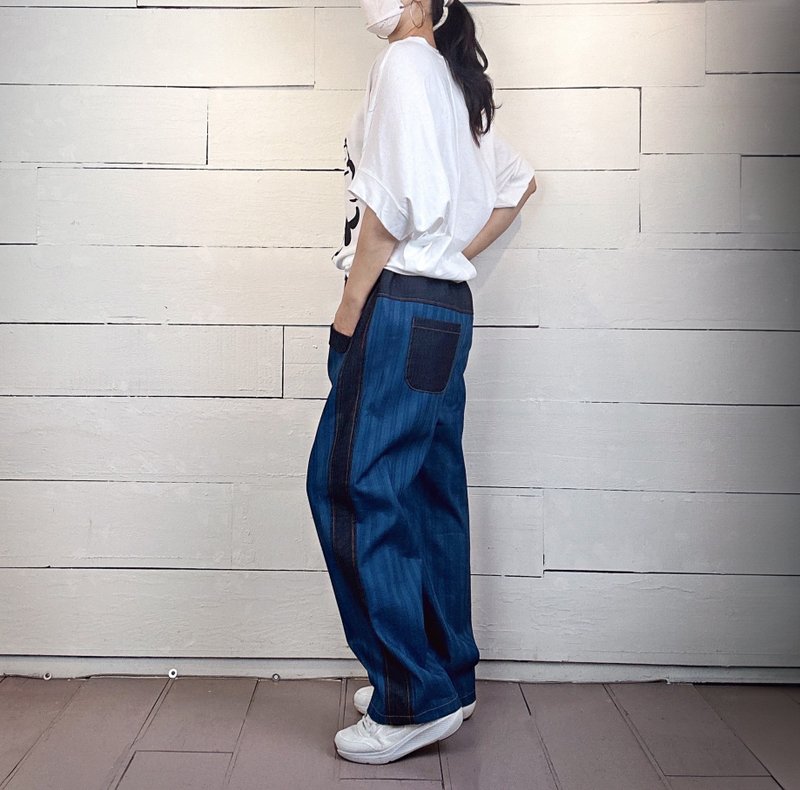 藍條 - 側拼條車線長褲 #U2020 - 女長褲 - 棉．麻 藍色