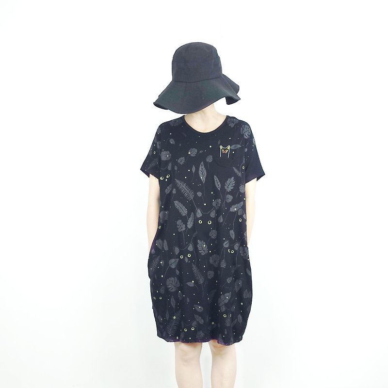 Firefly cat pocket dress - One Piece Dresses - Cotton & Hemp Black