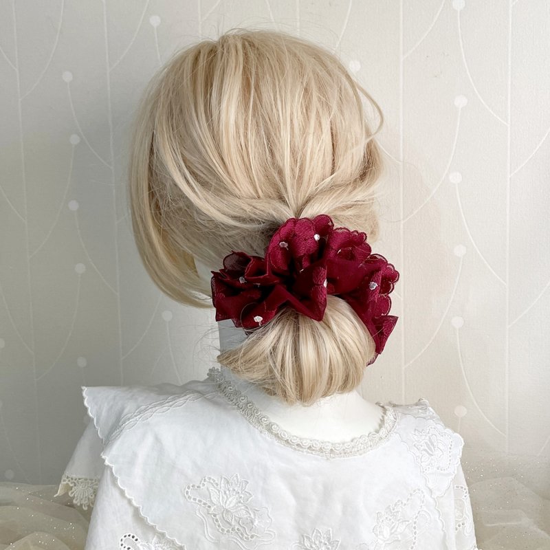 French embroidery lace scrunchie/dark red flower hair tie scrunchie tie hair bundle hair accessories pig intestine ring - Hair Accessories - Other Materials Red