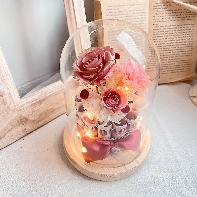 Have money to spend eternal life flower Led luminous bell jar Mother's Day gift birthday gift Valentine's Day gift - ช่อดอกไม้แห้ง - พืช/ดอกไม้ สีแดง