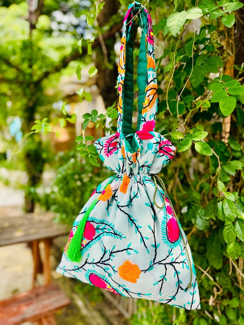 Hand embroidered lake green floral rope drawstring bag tote - Drawstring Bags - Silk Green