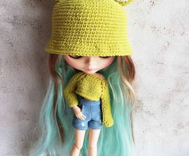 ブライス人形かぎ針編みの帽子緑のカエルとニットトップの服のセット ...
