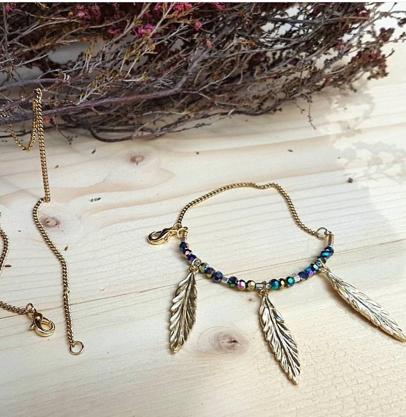 Feather Shaped Necklace + Bracelet Active Dual-purpose Design 1 Necklace + 1 Bracelet_ - Bracelets - Crystal Multicolor