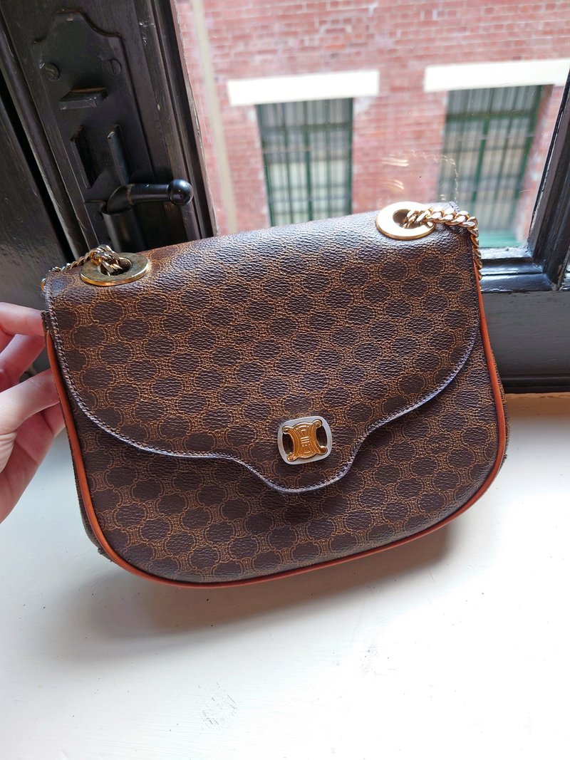 中古包 CELINE 棕老花雙色凱旋門單肩包側揹包斜背包斜挎包鏈條包 - 側背包/斜背包 - 防水材質 咖啡色