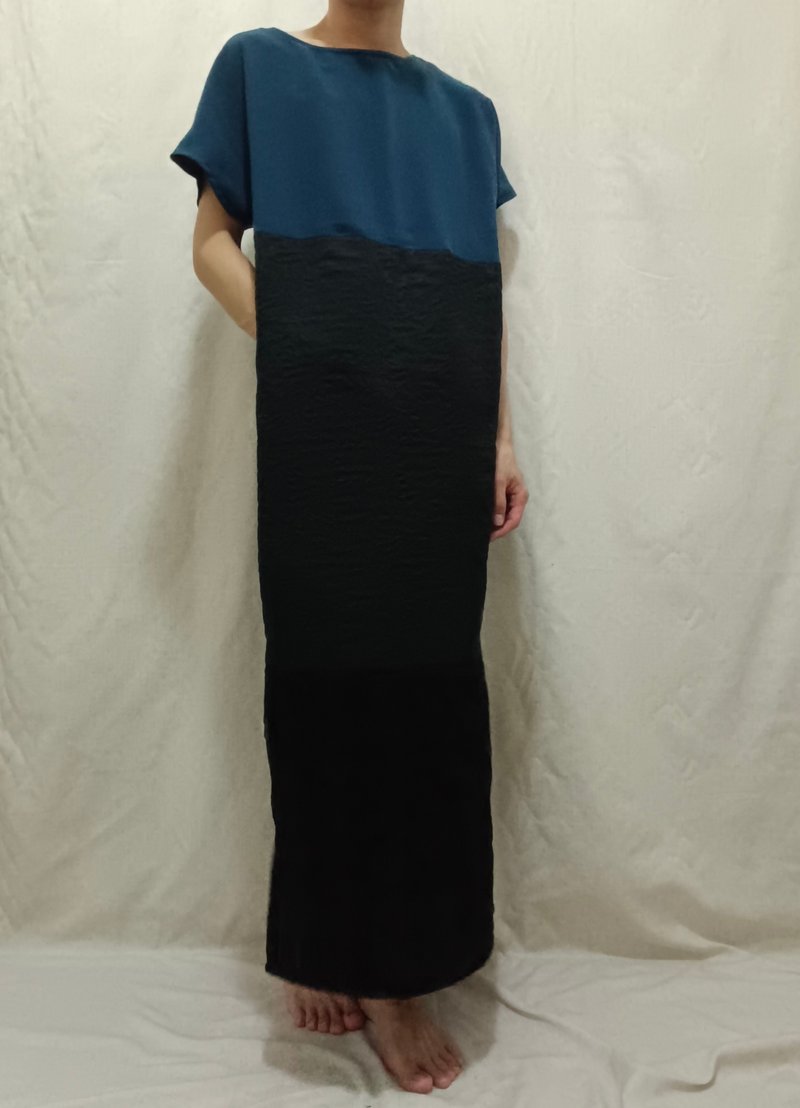 Designer collection gray blue black jacquard stitching floor (ankle) dress long dress - ชุดเดรส - เส้นใยสังเคราะห์ สีดำ