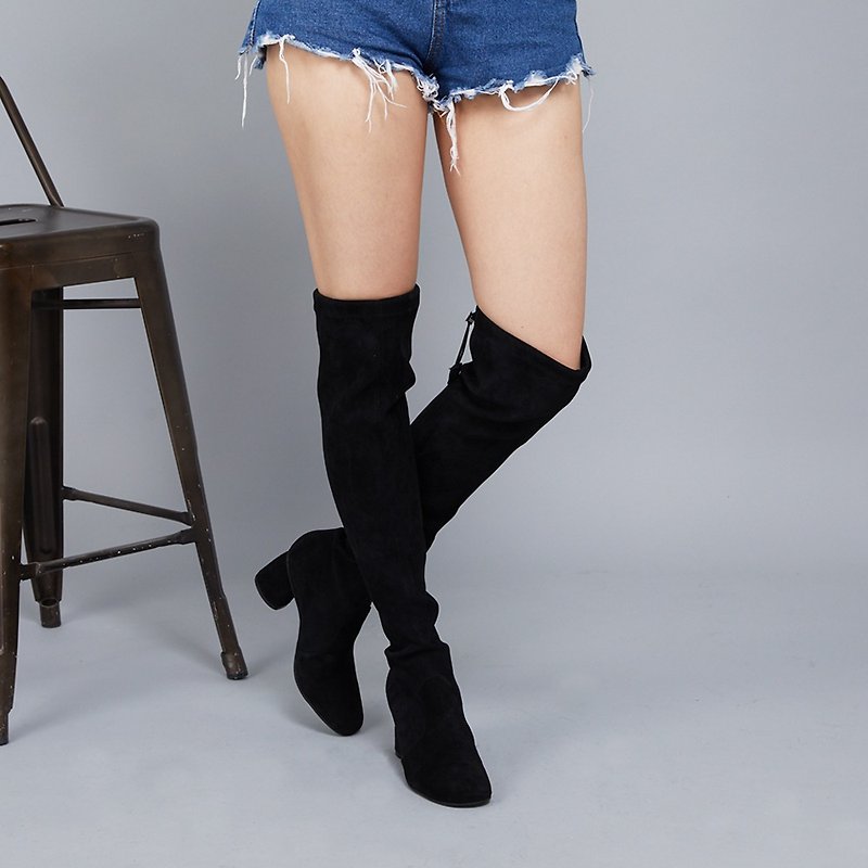 [Fashion Paris] sheep suede skin sticks thin elastic over the knee boots _ suede black - รองเท้าบูทยาวผู้หญิง - หนังแท้ สีดำ