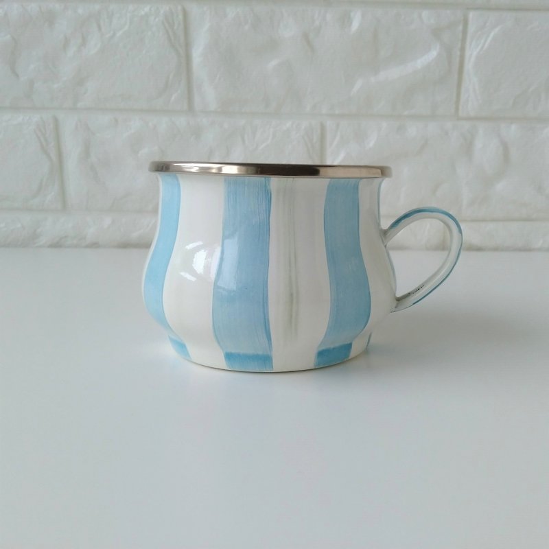 Sky Blue Striped Painted Enamel Tea Cup with Christmas Gift Wrap - Mugs - Enamel Blue
