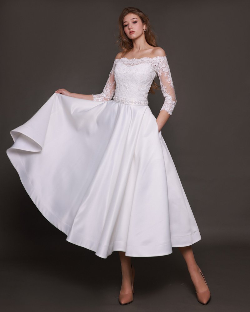 Short Lace Wedding Dress, Tea Length Wedding Gown, Satin Wedding Dress - 禮服/小禮服 - 其他材質 白色