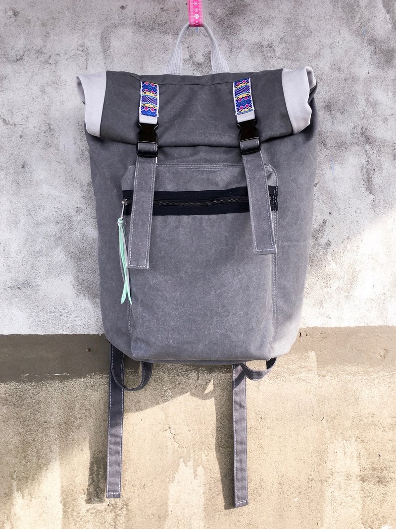 捲一捲backpack-畫龍點睛 - 後背包/背包/書包 - 棉．麻 灰色