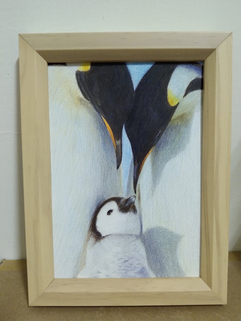 Decoration/Penguin family/Colored pencil drawing/Original manuscript/Framed - Posters - Paper 