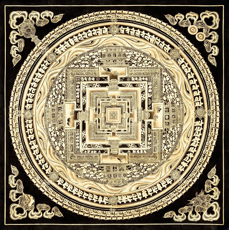 Black and Gold Kalachakra Thangka painting, Tibetan buddhist art for meditation - 牆貼/牆身裝飾 - 其他材質 多色
