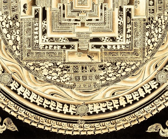 黒と金のカーラチャクラタンカ絵画、瞑想のためのチベット仏教芸術 - ショップ Boudha Stupa Thanka Centre ウォールデコ・壁紙  - Pinkoi