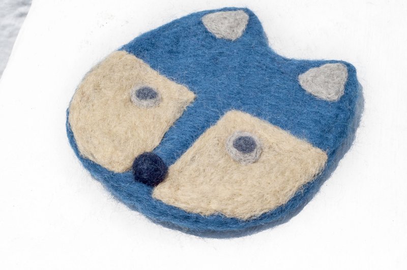 Christmas gift ethnic forest wool felt coaster animal coaster-blue fox absorbent coaster - ที่รองแก้ว - ขนแกะ สีน้ำเงิน