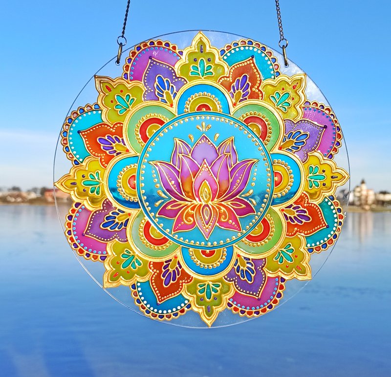 Suncatcher Stained Glass Mandala Lotus art Window Decoration Meditation Yoga - อื่นๆ - แก้ว สึชมพู